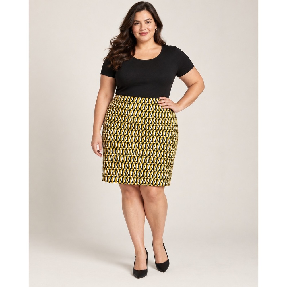 Boden Yellow Navy Geometric Chain Link Pencil Skirt Size US 14R Cotton Stretch